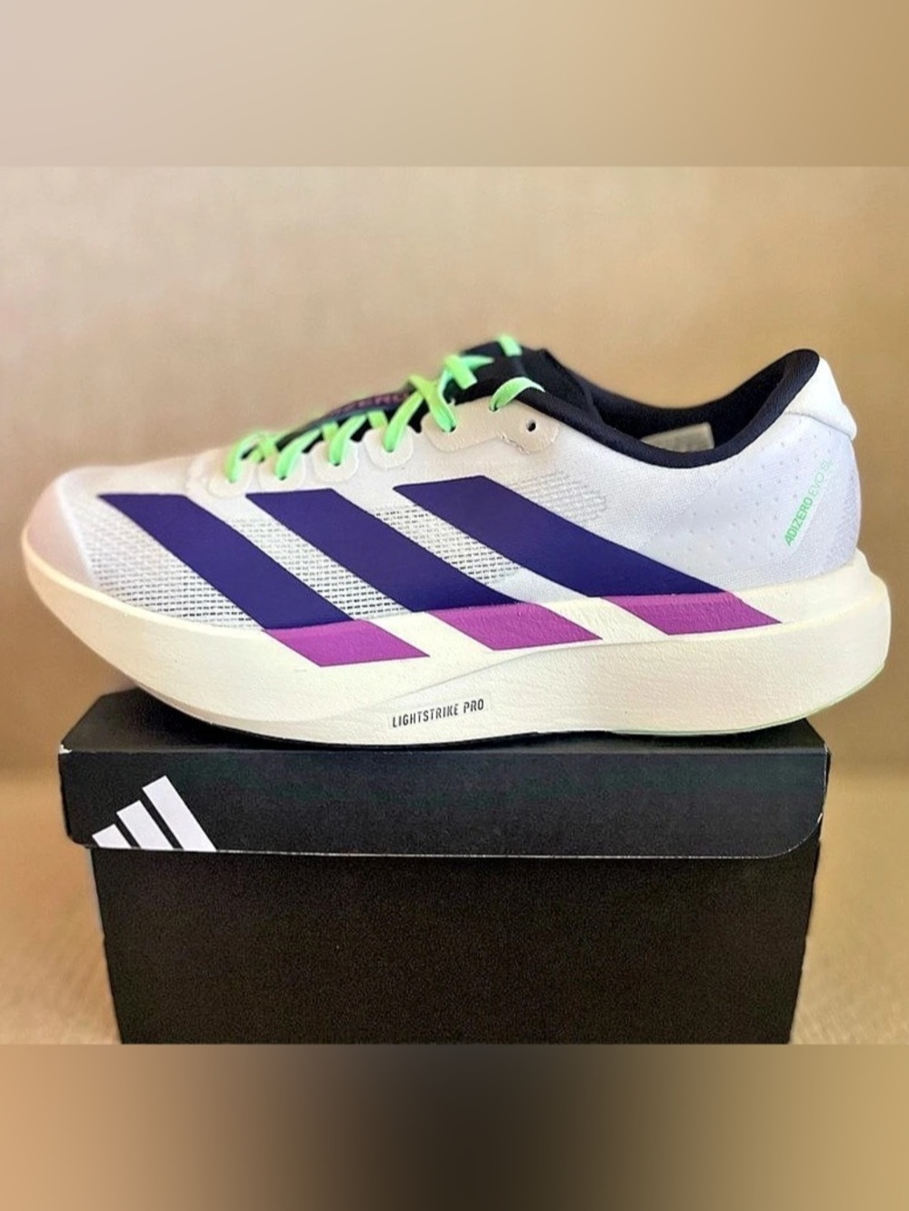 Size 11.5 - Adidas Adizero Evo SL Running White Purple Lime Burst JS4495 Men’s